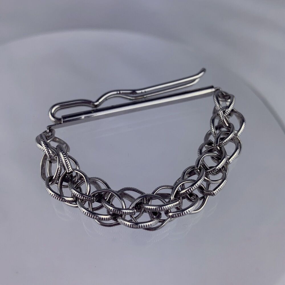 Chunky Rope Chain Tie Clip Bar Silver Tone Statement Swank Vintage